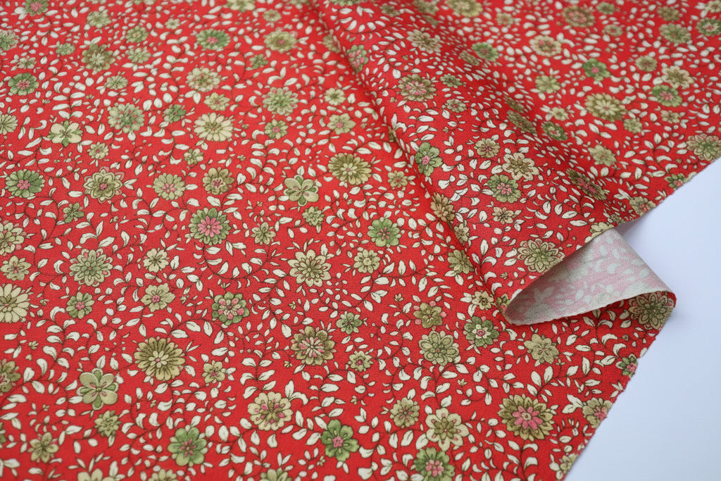Japanese Wool Kimono Fabric – 1970s Deadstock Soft Vermilion　Red Orange  Floral Textile for Sewing, Quilting & Craft – Vintage Japanese Cloth