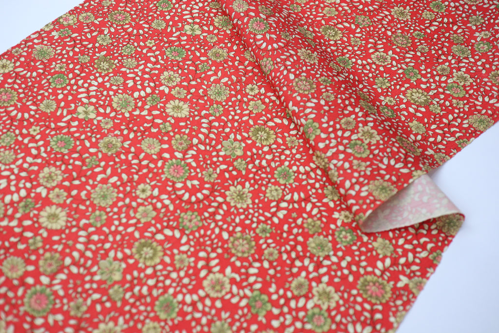 Japanese Wool Kimono Fabric – 1970s Deadstock Soft Vermilion　Red Orange  Floral Textile for Sewing, Quilting & Craft – Vintage Japanese Cloth