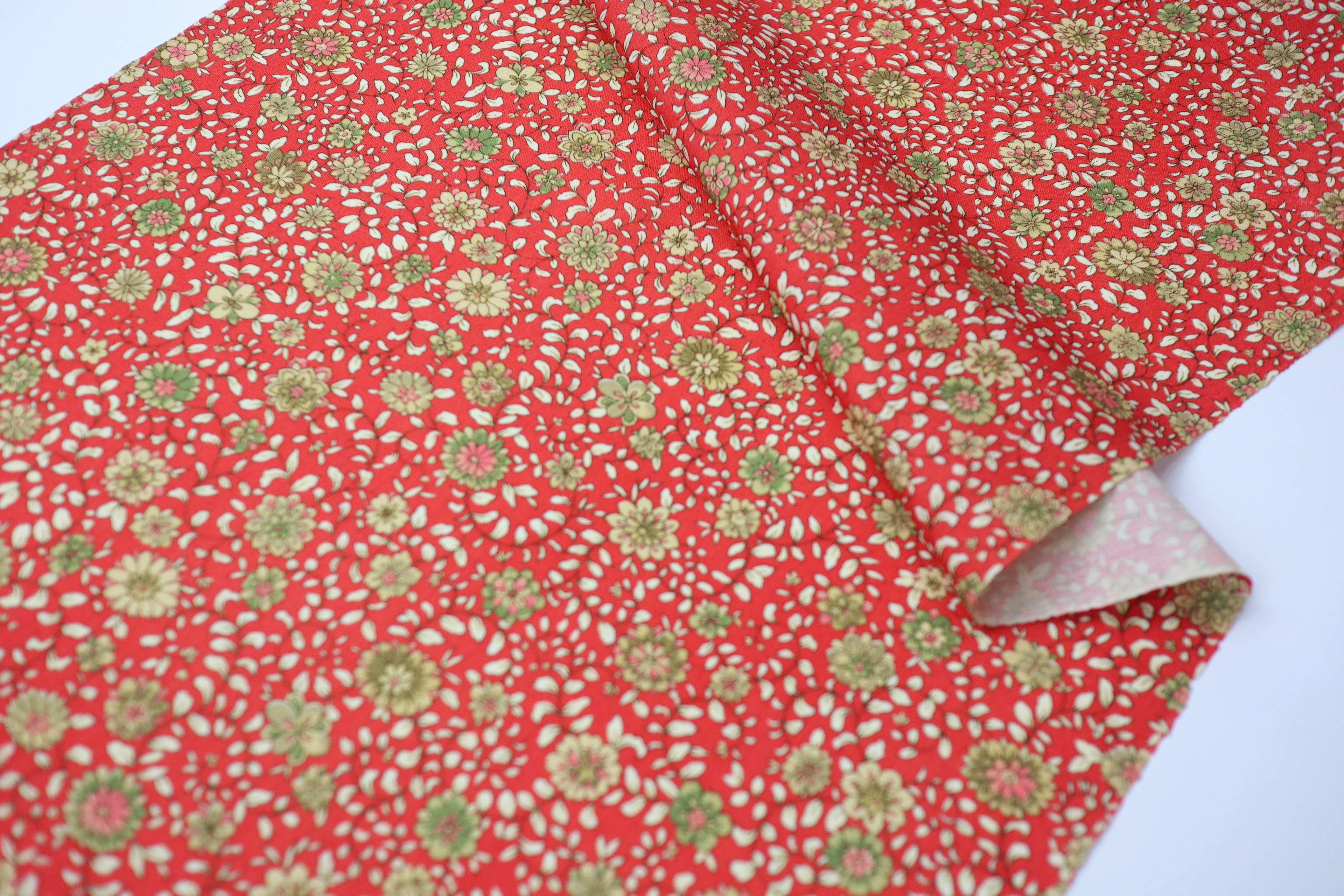 Japanese Wool Kimono Fabric – 1970s Deadstock Soft Vermilion　Red Orange  Floral Textile for Sewing, Quilting & Craft – Vintage Japanese Cloth