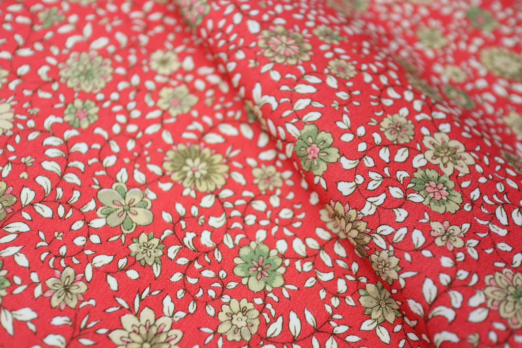 Japanese Wool Kimono Fabric – 1970s Deadstock Soft Vermilion　Red Orange  Floral Textile for Sewing, Quilting & Craft – Vintage Japanese Cloth