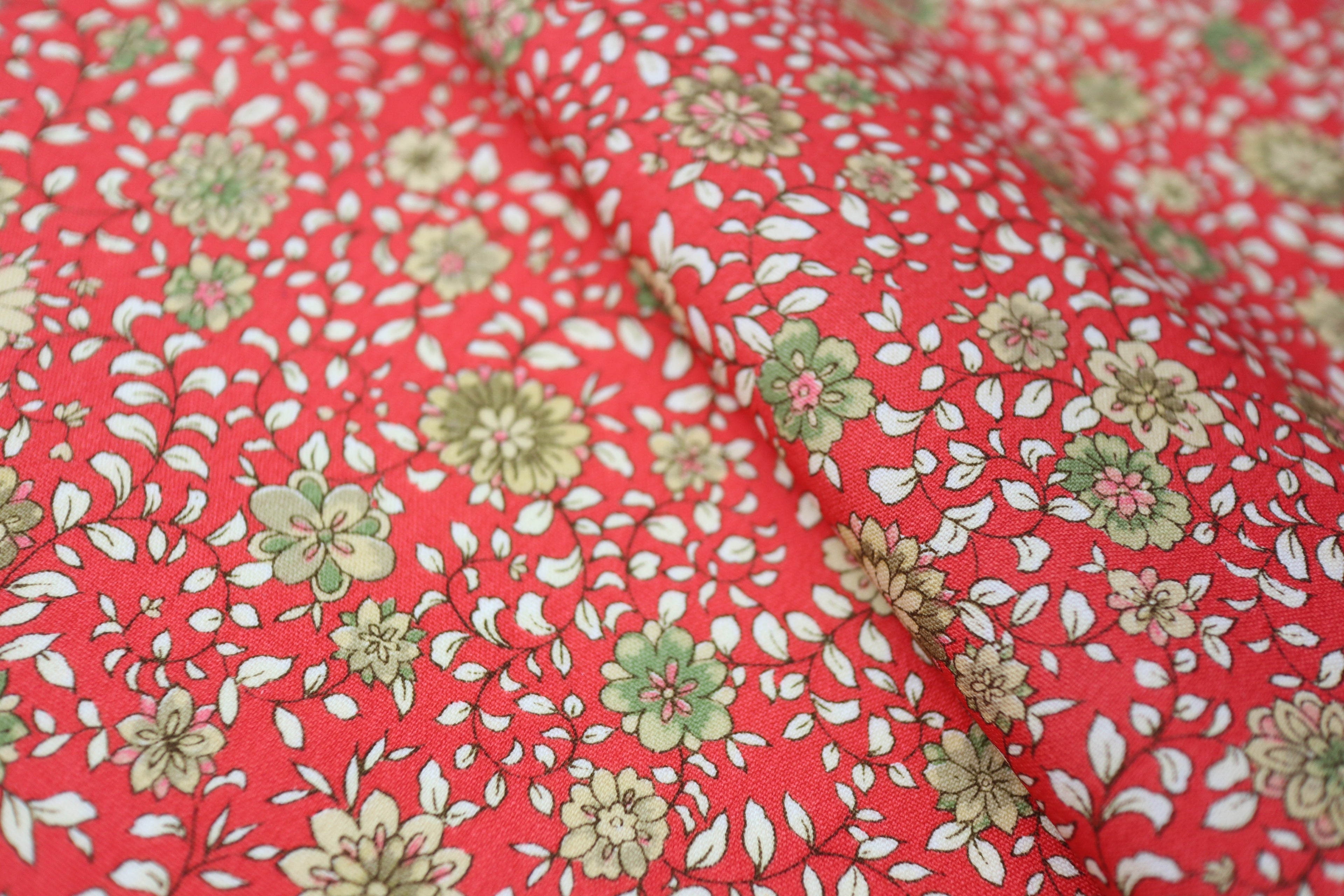 Japanese Wool Kimono Fabric – 1970s Deadstock Soft Vermilion　Red Orange  Floral Textile for Sewing, Quilting & Craft – Vintage Japanese Cloth