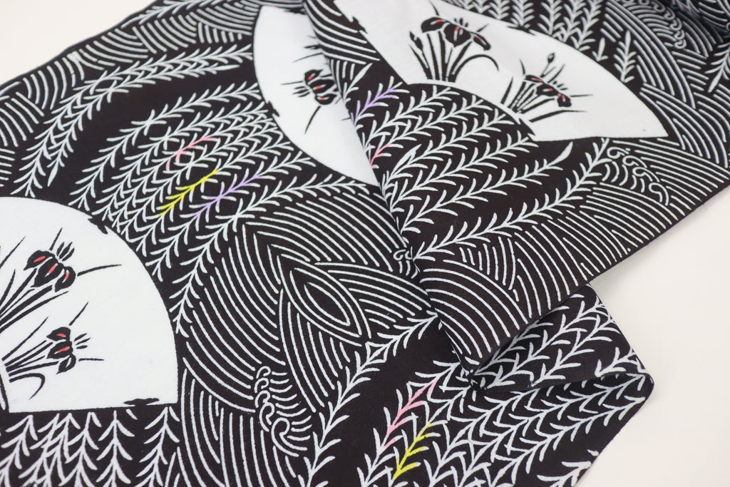 Japanese Cotton Fabric – Deadstock Chusen Yukata / kimono  Cotton Textile Fan & Iris Pattern for Quilting, Sewing & Craft – Authentic Hand-Dyed Dark Navy Blue Cloth
