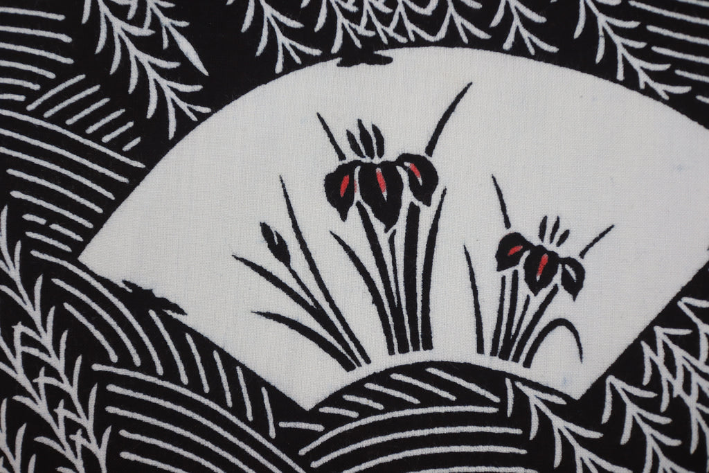 Japanese Cotton Fabric – Deadstock Chusen Yukata / kimono  Cotton Textile Fan & Iris Pattern for Quilting, Sewing & Craft – Authentic Hand-Dyed Dark Navy Blue Cloth