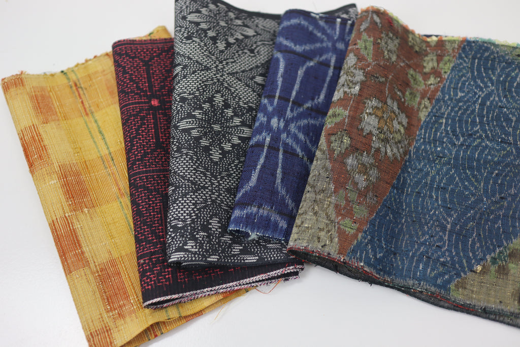 Vintage Japanese Tsumugi Silk Fabric Scrap Set (5 Pieces) -TSET001