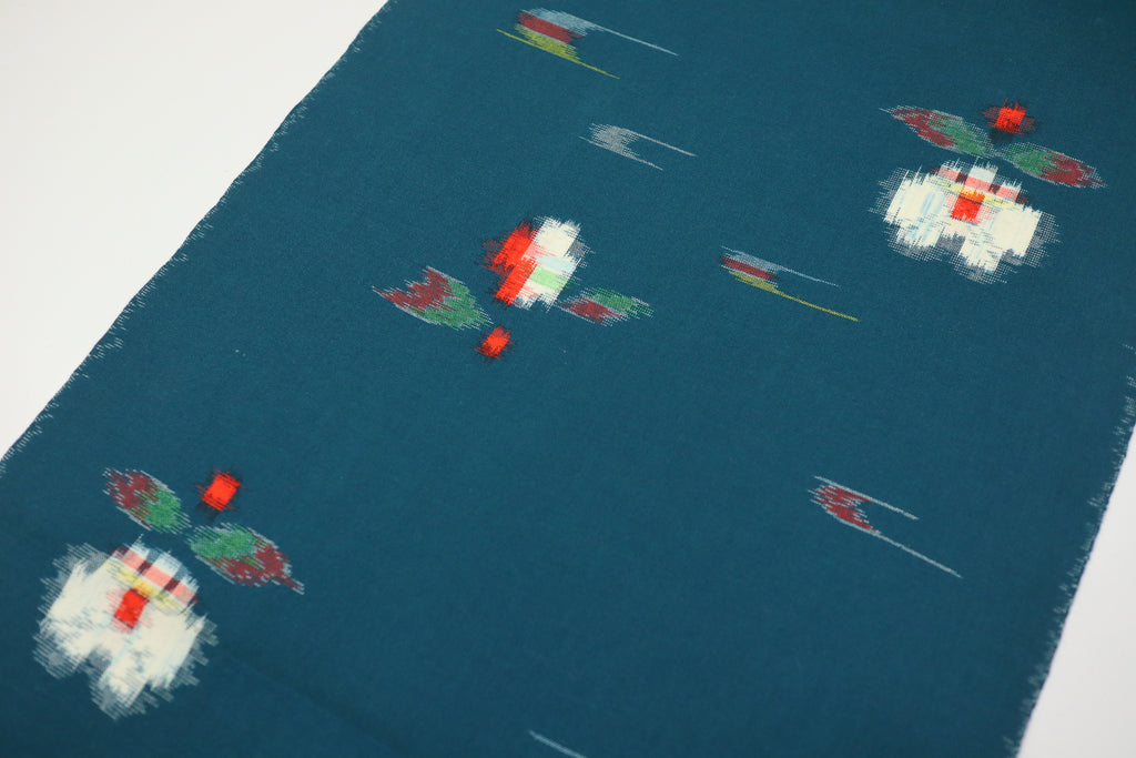 Japanese Wool Kimono Fabric – 1970s Deadstock Dark Teal Kasuri Pattern Textile for Sewing, Quilting & Craft – Vintage Japanese Cloth