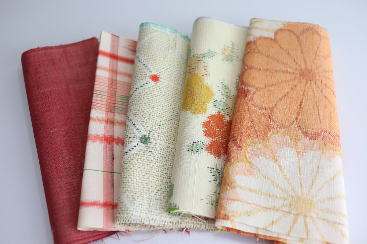Vintage Japanese Tsumugi Silk Fabric Scrap Set (5 Pieces) -TSET007