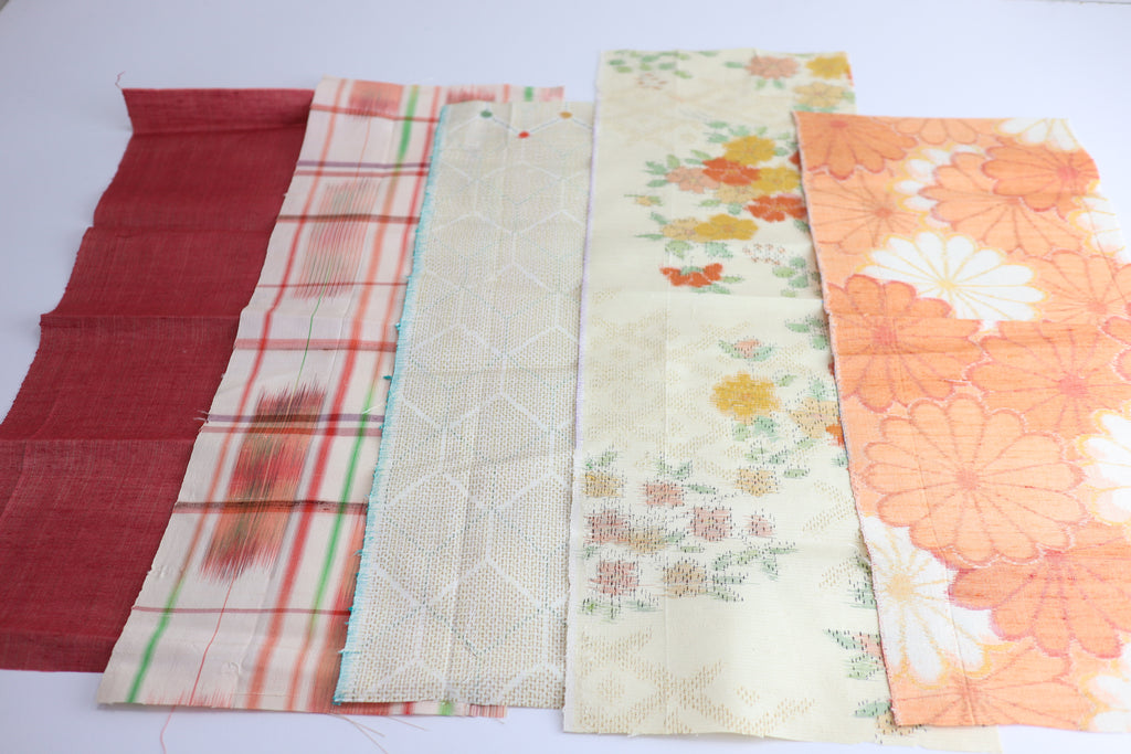 Vintage Japanese Tsumugi Silk Fabric Scrap Set (5 Pieces) -TSET007