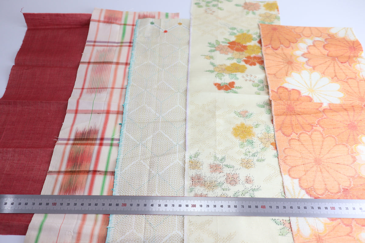 Vintage Japanese Tsumugi Silk Fabric Scrap Set (5 Pieces) -TSET007