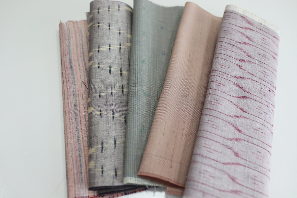 Vintage Japanese Tsumugi Silk Fabric Scrap Set (5 Pieces) -TSET008