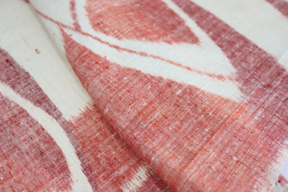 Vintage Japanese Tsumugi Silk Kimono Fabric Panel  - Cream White Red Geometric