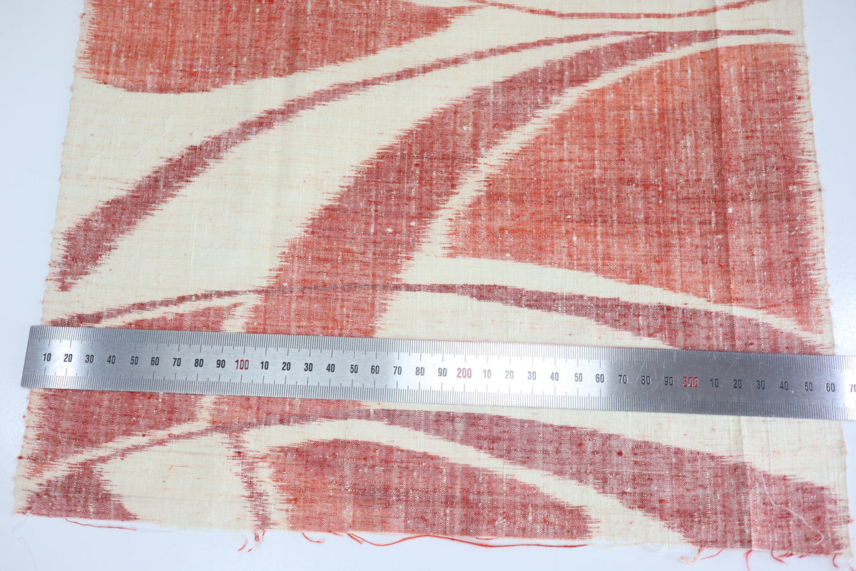 Vintage Japanese Tsumugi Silk Kimono Fabric Panel  - Cream White Red Geometric
