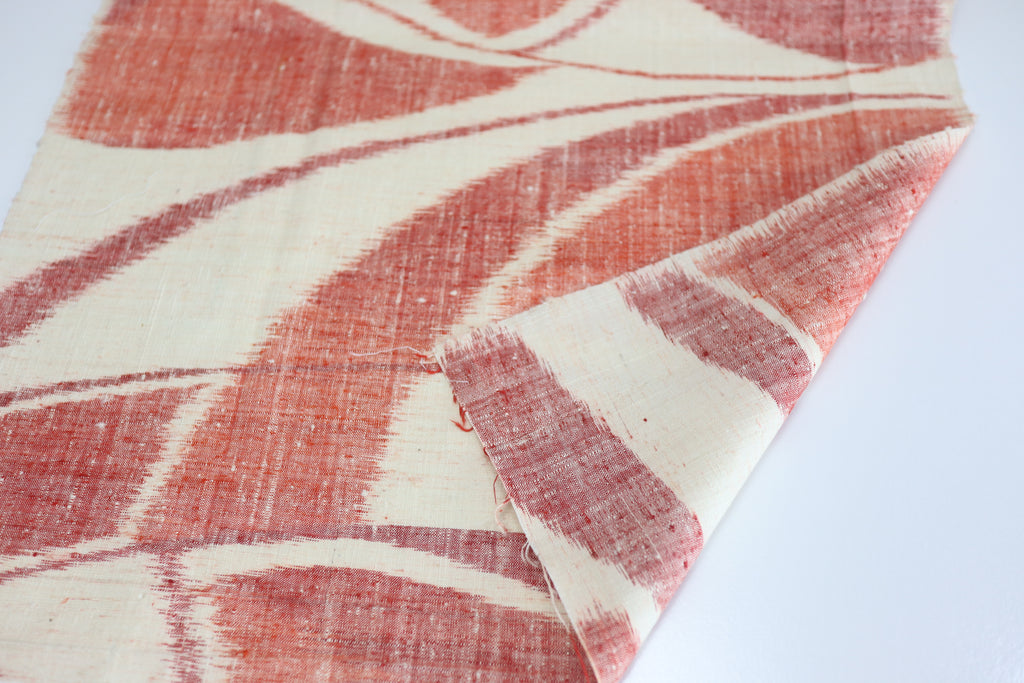 Vintage Japanese Tsumugi Silk Kimono Fabric Panel  - Cream White Red Geometric