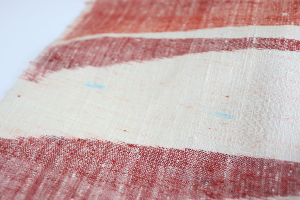 Vintage Japanese Tsumugi Silk Kimono Fabric Panel  - Cream White Red Geometric