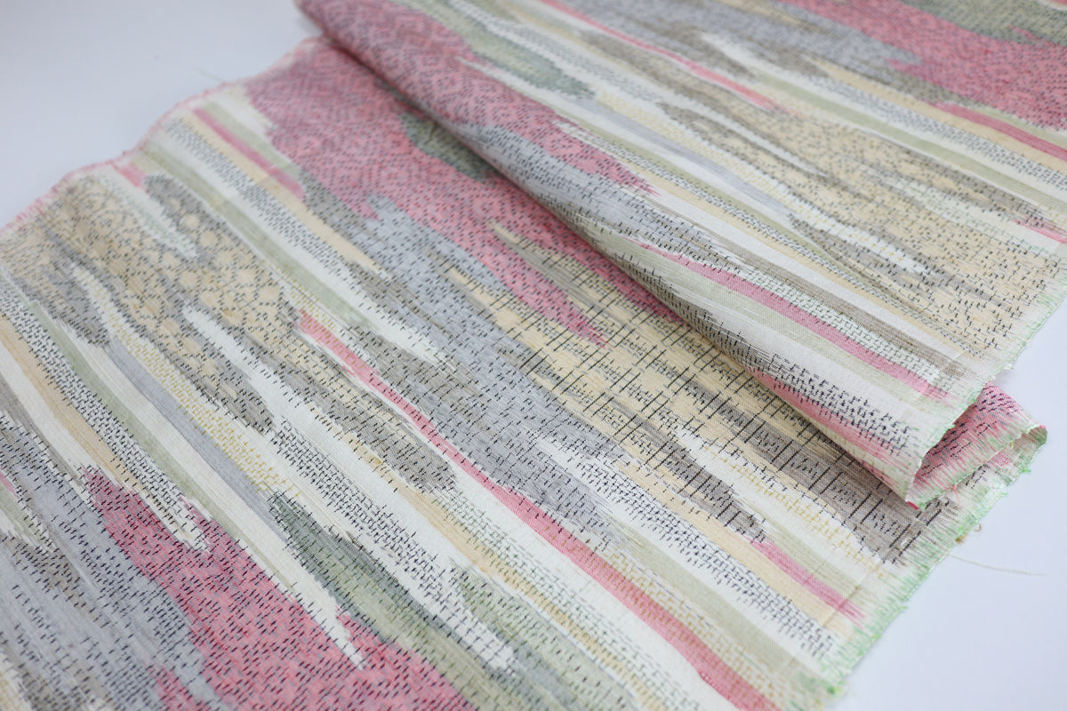 Vintage Japanese Tsumugi Silk Kimono Fabric Panel  - Pink Olive Cream and Yellow Cloud Pattern