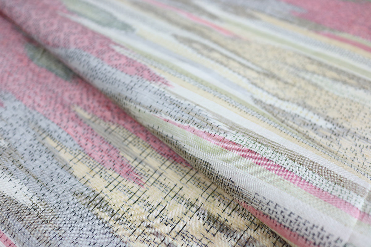 Vintage Japanese Tsumugi Silk Kimono Fabric Panel  - Pink Olive Cream and Yellow Cloud Pattern