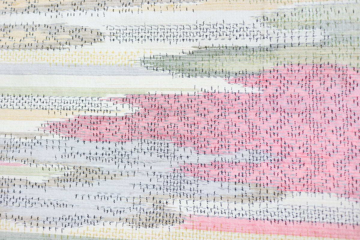 Vintage Japanese Tsumugi Silk Kimono Fabric Panel  - Pink Olive Cream and Yellow Cloud Pattern