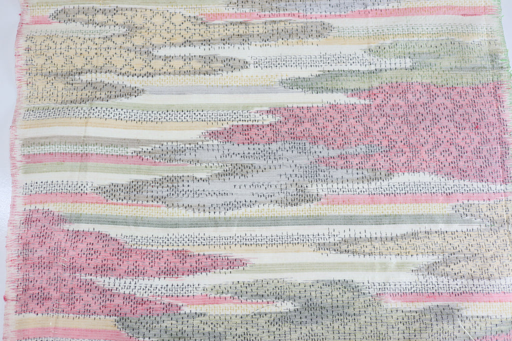 Vintage Japanese Tsumugi Silk Kimono Fabric Panel  - Pink Olive Cream and Yellow Cloud Pattern