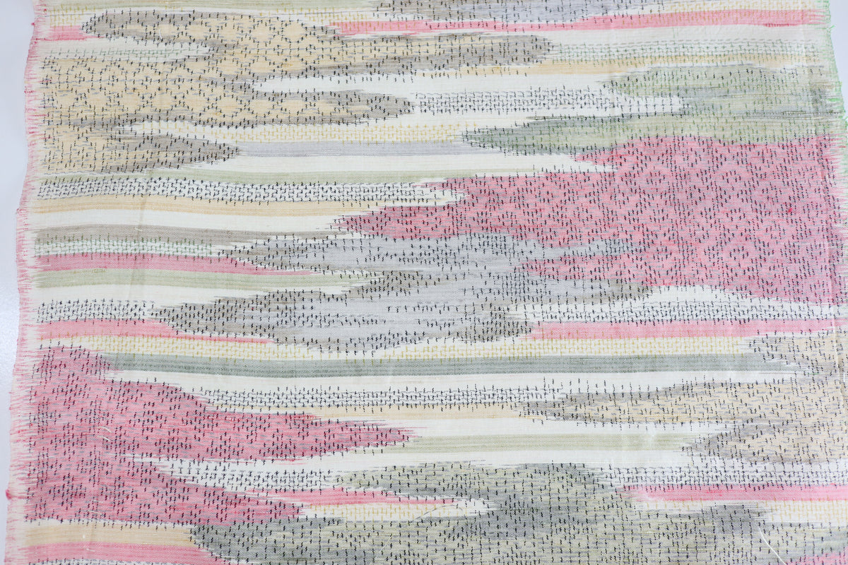 Vintage Japanese Tsumugi Silk Kimono Fabric Panel  - Pink Olive Cream and Yellow Cloud Pattern
