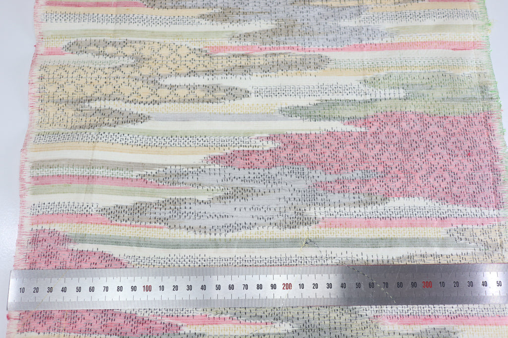 Vintage Japanese Tsumugi Silk Kimono Fabric Panel  - Pink Olive Cream and Yellow Cloud Pattern