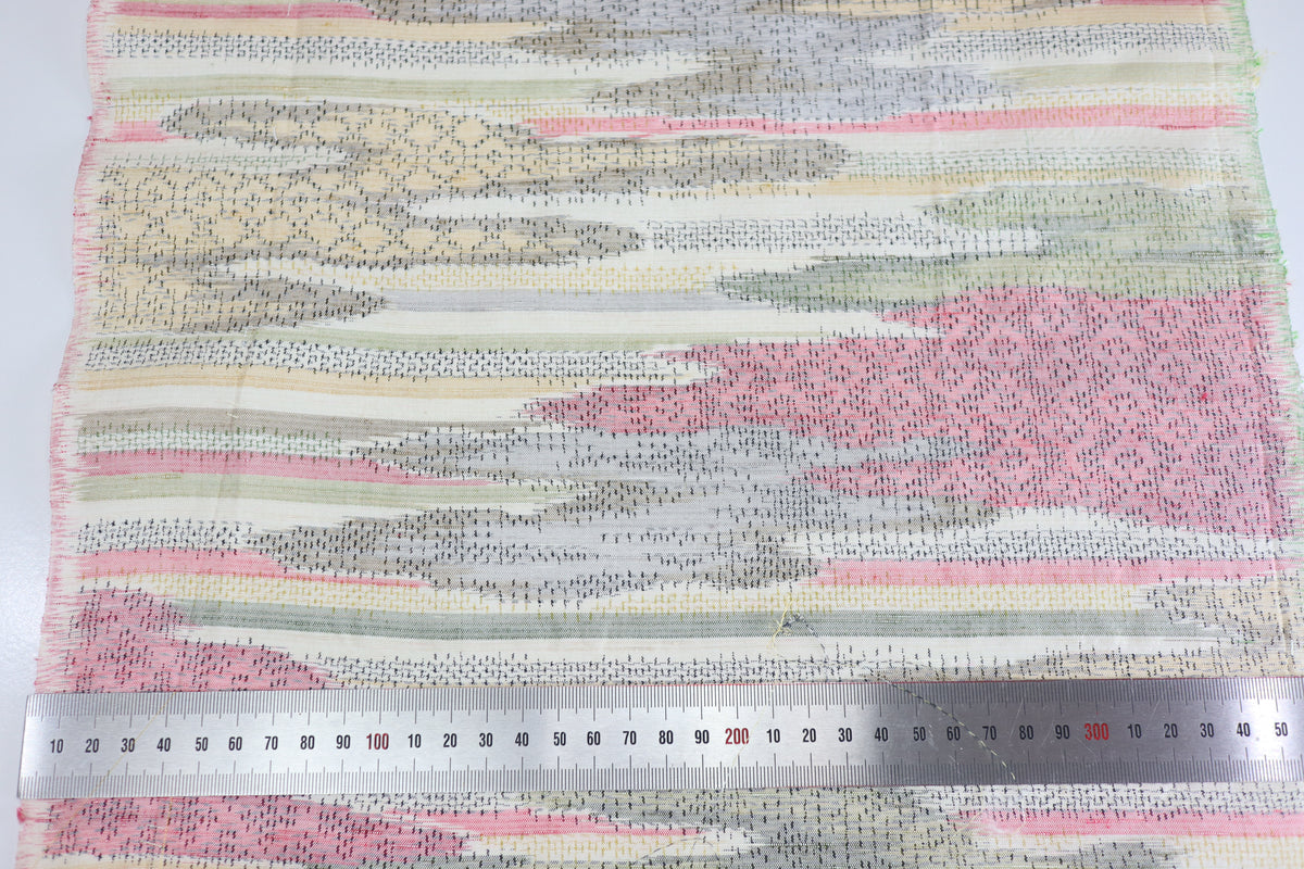 Vintage Japanese Tsumugi Silk Kimono Fabric Panel  - Pink Olive Cream and Yellow Cloud Pattern