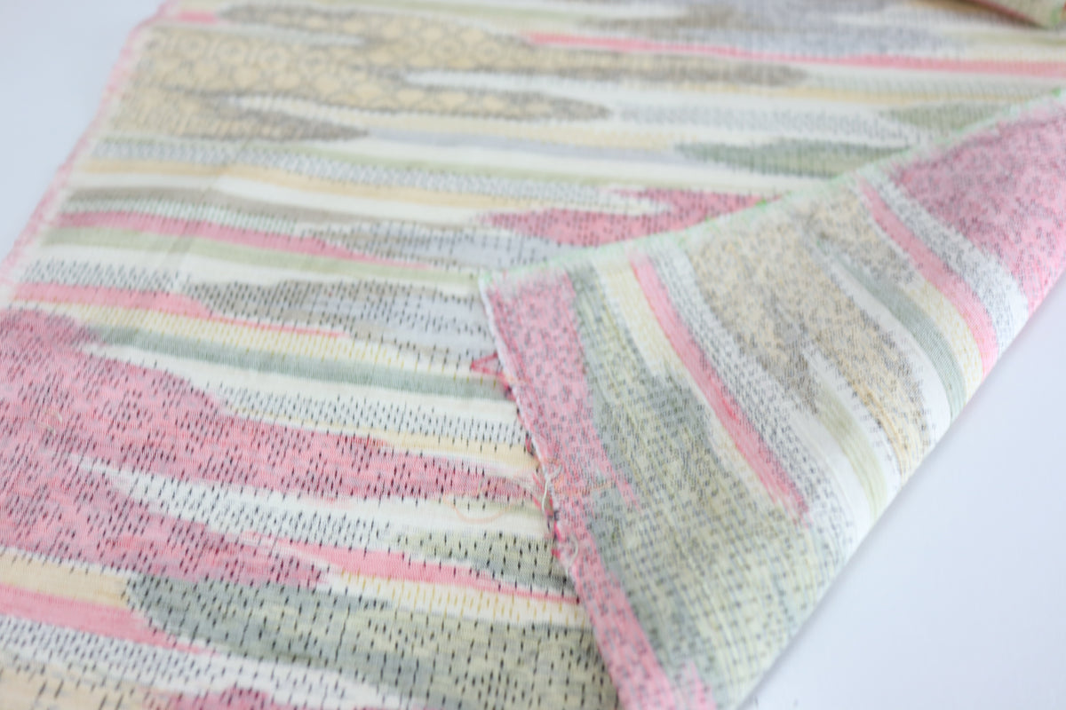 Vintage Japanese Tsumugi Silk Kimono Fabric Panel  - Pink Olive Cream and Yellow Cloud Pattern