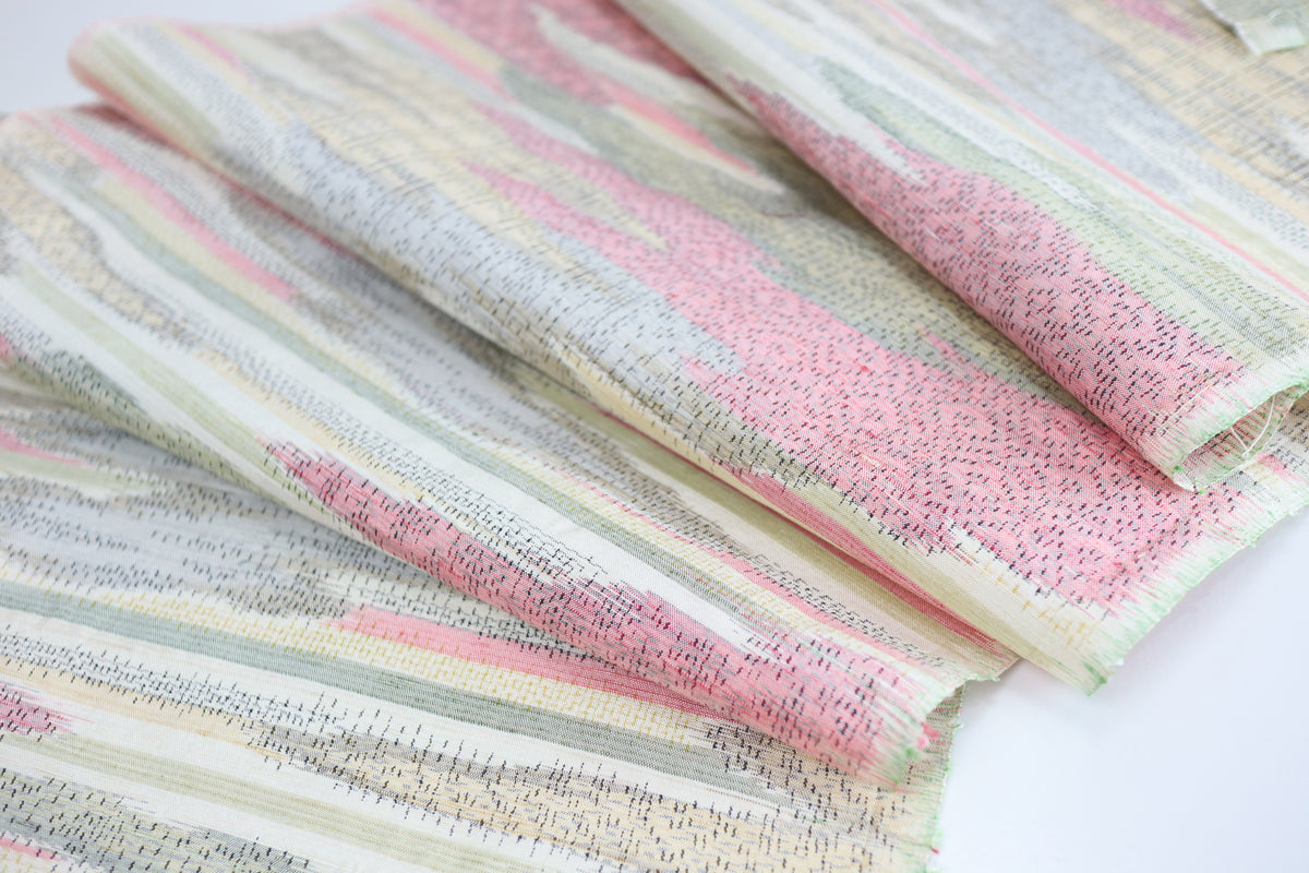 Vintage Japanese Tsumugi Silk Kimono Fabric Panel  - Pink Olive Cream and Yellow Cloud Pattern