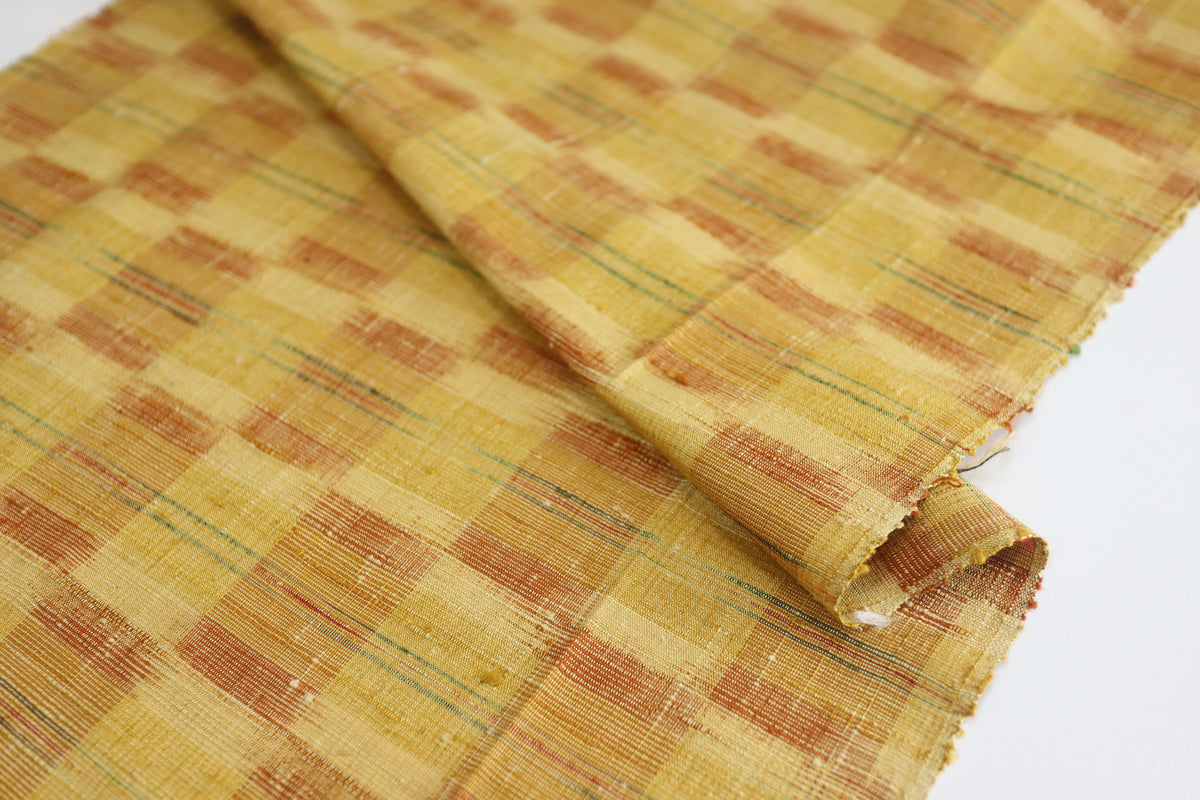 Vintage Japanese Tsumugi Silk Kimono Fabric Panel  - Yellow Ichimatsu Pattern