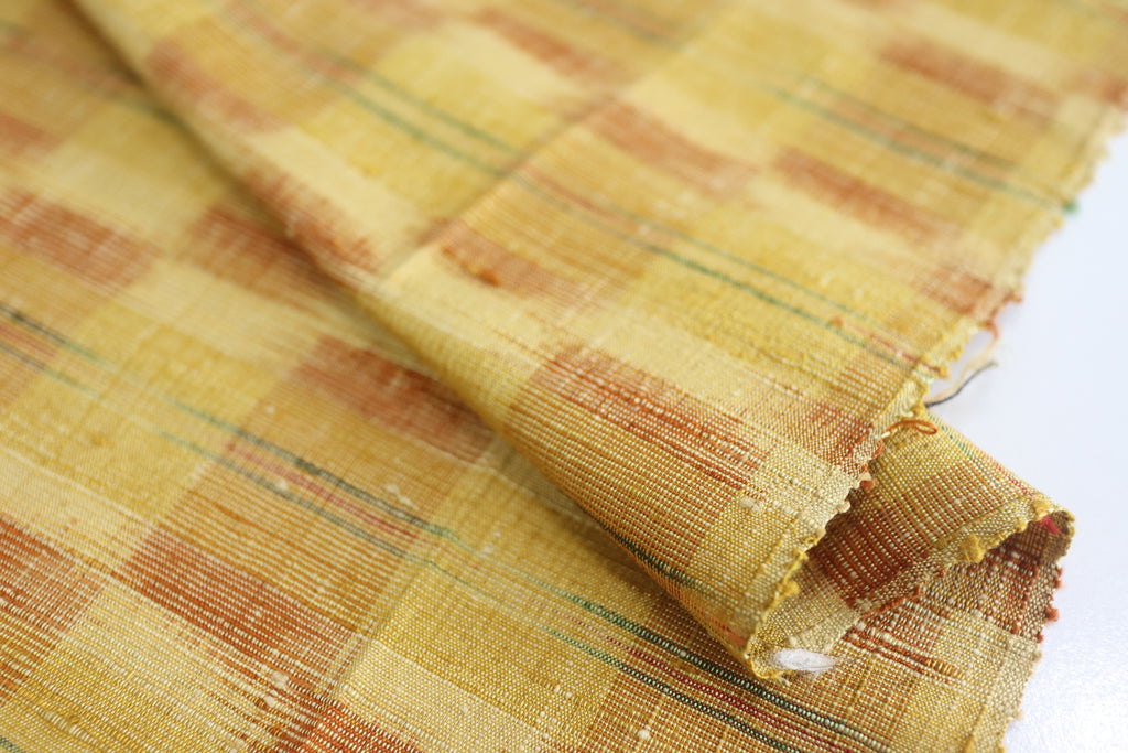 Vintage Japanese Tsumugi Silk Kimono Fabric Panel  - Yellow Ichimatsu Pattern