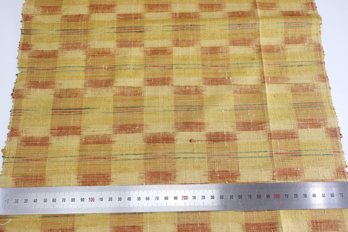 Vintage Japanese Tsumugi Silk Kimono Fabric Panel  - Yellow Ichimatsu Pattern