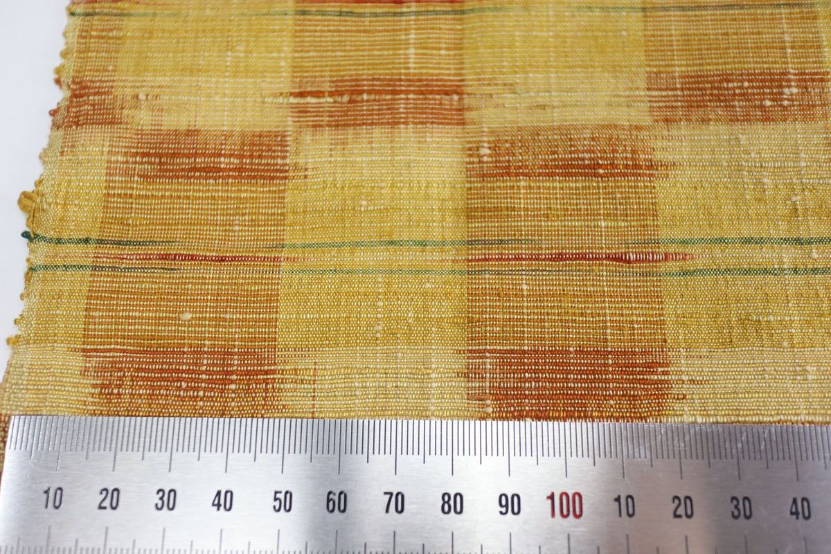 Vintage Japanese Tsumugi Silk Kimono Fabric Panel  - Yellow Ichimatsu Pattern