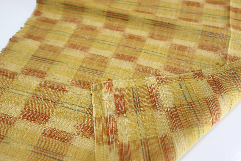 Vintage Japanese Tsumugi Silk Kimono Fabric Panel  - Yellow Ichimatsu Pattern