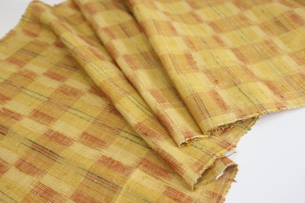 Vintage Japanese Tsumugi Silk Kimono Fabric Panel  - Yellow Ichimatsu Pattern