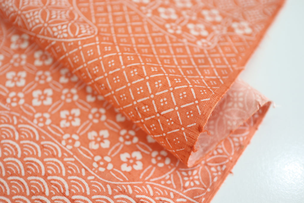 Vintage Japanese Tsumugi Silk Kimono Fabric Panel  - Orange Pink Seigaiha Shippo Pattern