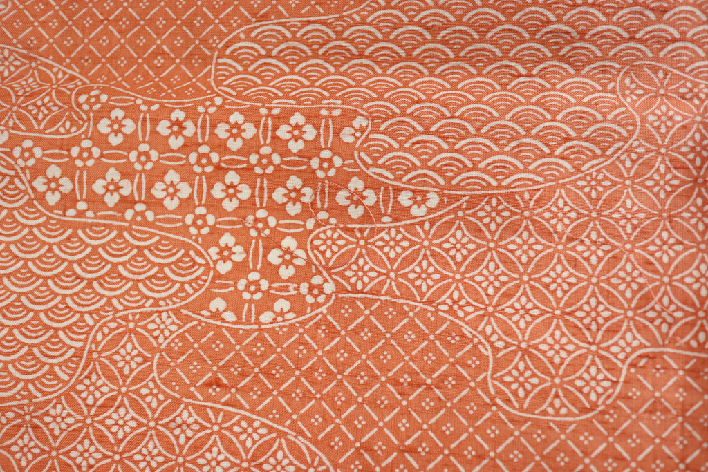 Vintage Japanese Tsumugi Silk Kimono Fabric Panel  - Orange Pink Seigaiha Shippo Pattern
