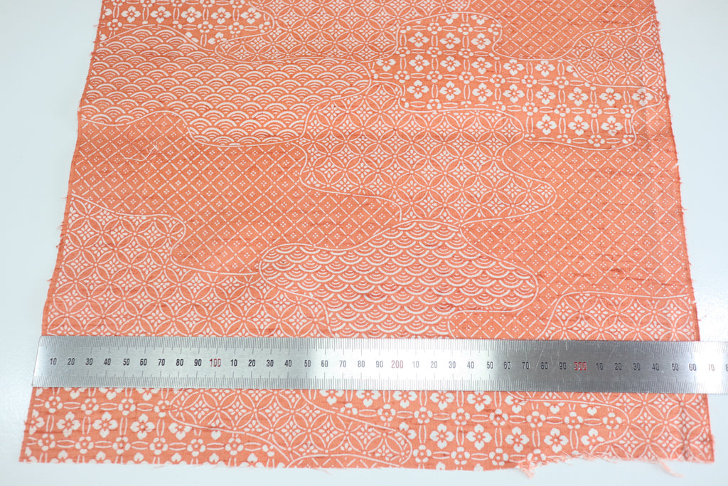 Vintage Japanese Tsumugi Silk Kimono Fabric Panel  - Orange Pink Seigaiha Shippo Pattern