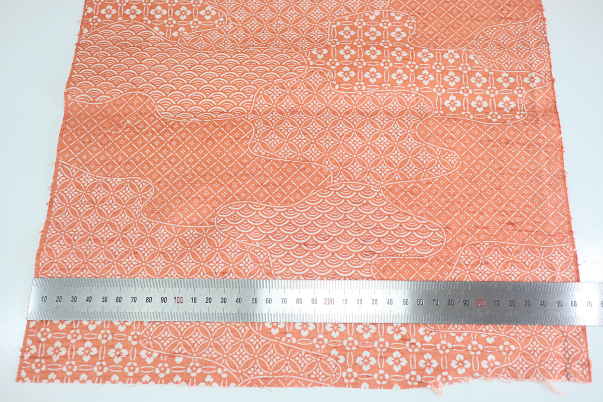 Vintage Japanese Tsumugi Silk Kimono Fabric Panel  - Orange Pink Seigaiha Shippo Pattern