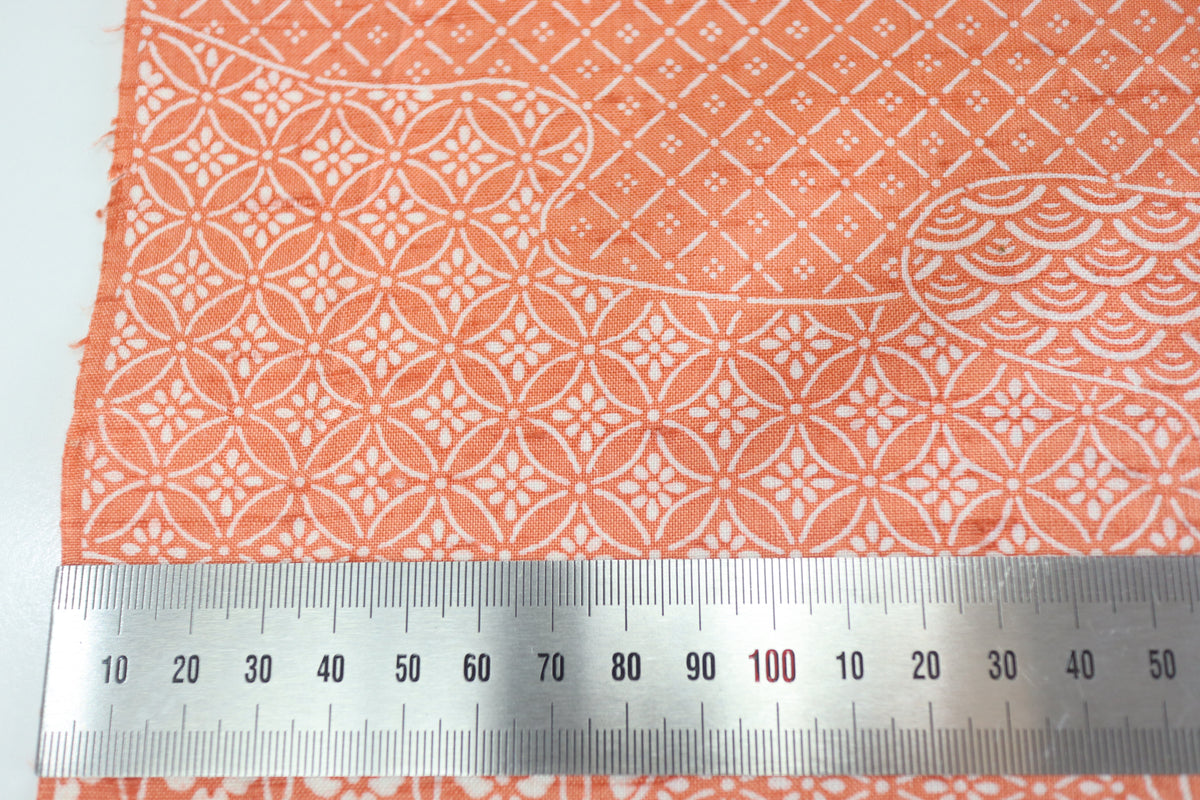 Vintage Japanese Tsumugi Silk Kimono Fabric Panel  - Orange Pink Seigaiha Shippo Pattern