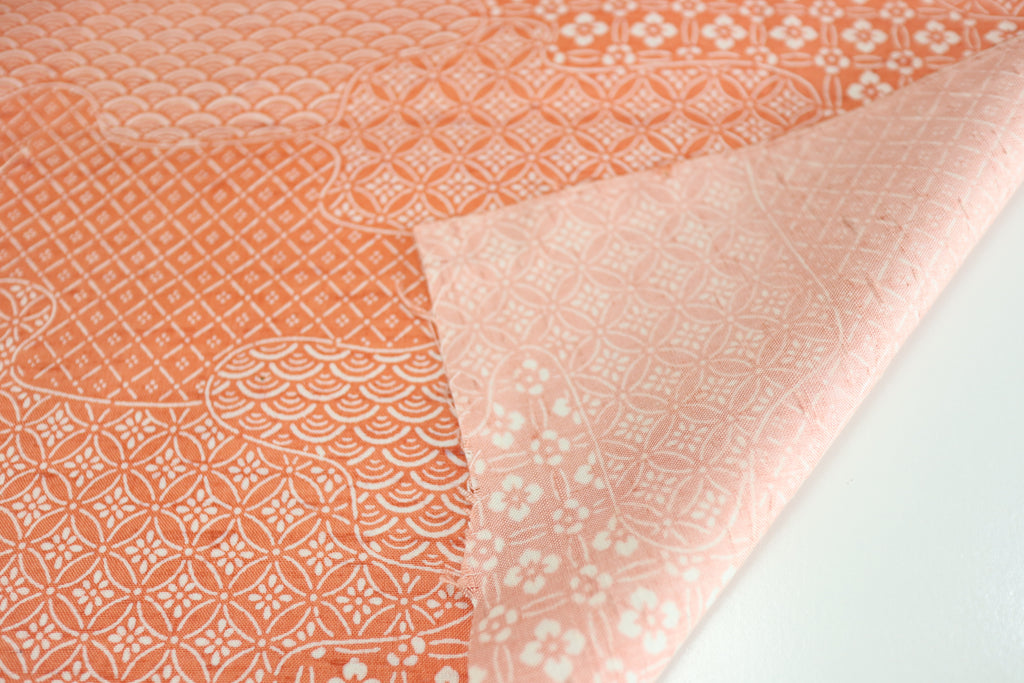 Vintage Japanese Tsumugi Silk Kimono Fabric Panel  - Orange Pink Seigaiha Shippo Pattern