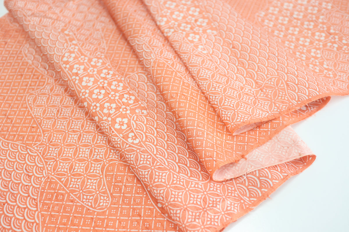 Vintage Japanese Tsumugi Silk Kimono Fabric Panel  - Orange Pink Seigaiha Shippo Pattern