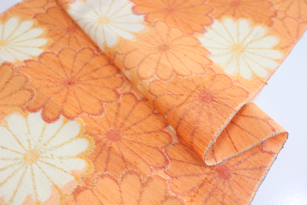 Vintage Japanese Tsumugi Silk Kimono Fabric Panel  - Orange Chrysanthemum Pattern