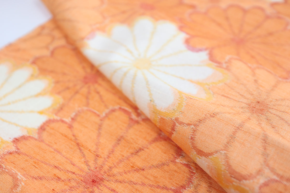 Vintage Japanese Tsumugi Silk Kimono Fabric Panel  - Orange Chrysanthemum Pattern