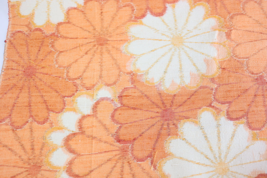 Vintage Japanese Tsumugi Silk Kimono Fabric Panel  - Orange Chrysanthemum Pattern