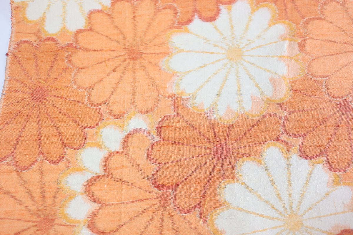 Vintage Japanese Tsumugi Silk Kimono Fabric Panel  - Orange Chrysanthemum Pattern