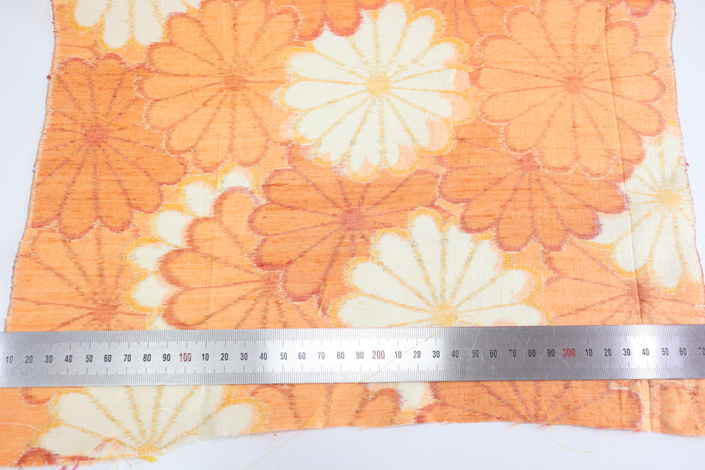 Vintage Japanese Tsumugi Silk Kimono Fabric Panel  - Orange Chrysanthemum Pattern