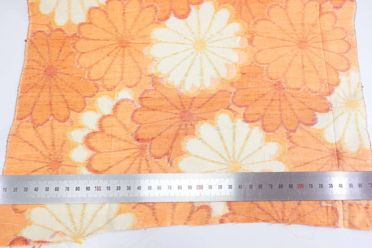 Vintage Japanese Tsumugi Silk Kimono Fabric Panel  - Orange Chrysanthemum Pattern