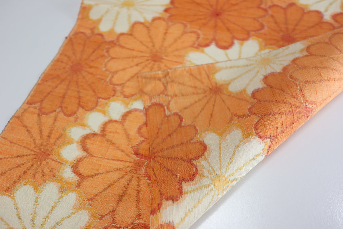 Vintage Japanese Tsumugi Silk Kimono Fabric Panel  - Orange Chrysanthemum Pattern