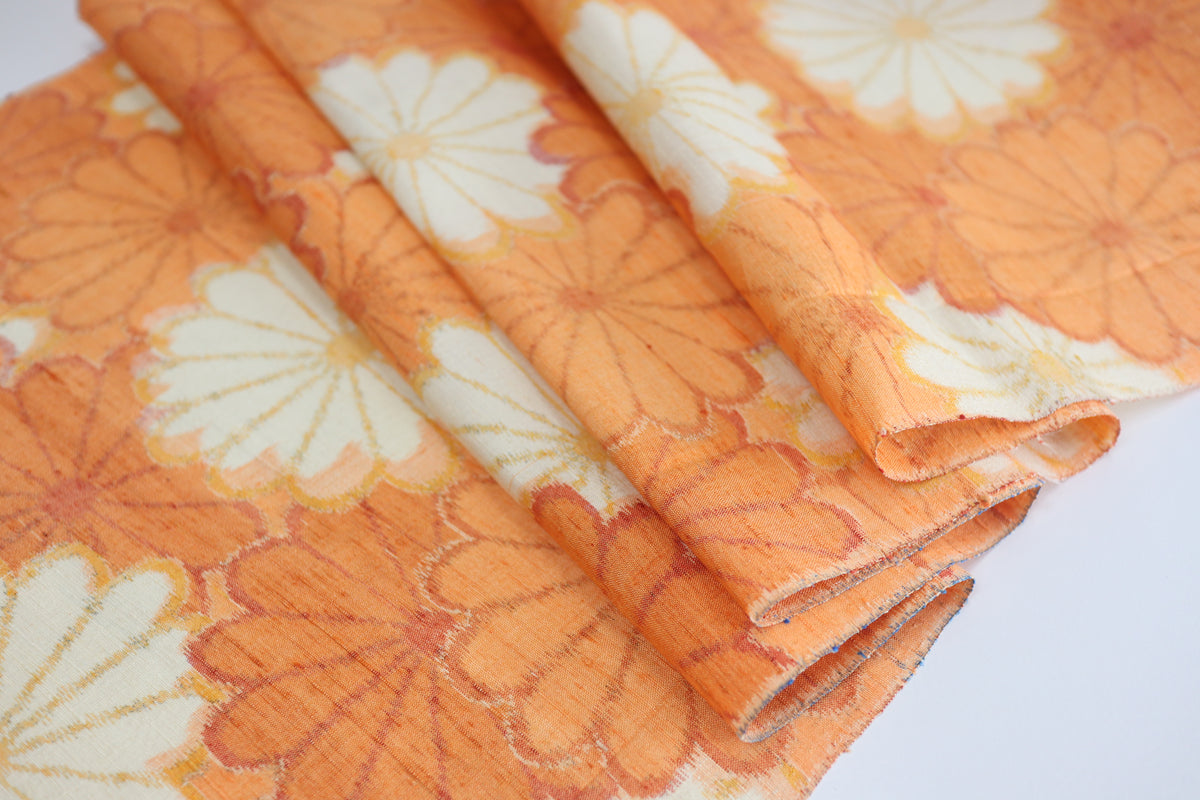 Vintage Japanese Tsumugi Silk Kimono Fabric Panel  - Orange Chrysanthemum Pattern