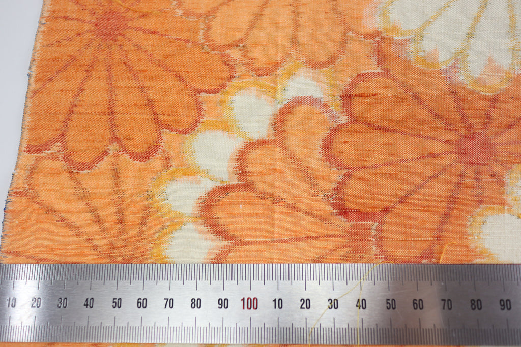 Vintage Japanese Tsumugi Silk Kimono Fabric Panel  - Orange Chrysanthemum Pattern