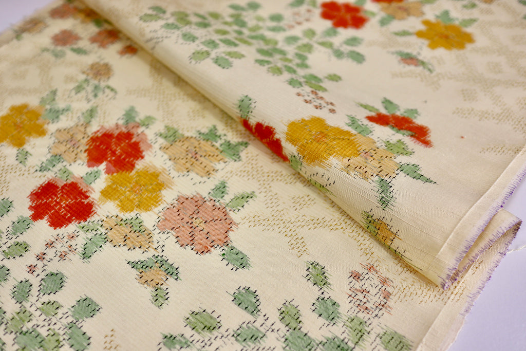 Vintage Japanese Tsumugi Silk Kimono Fabric Panel  - Cream Yellow Orange Flower Pattern