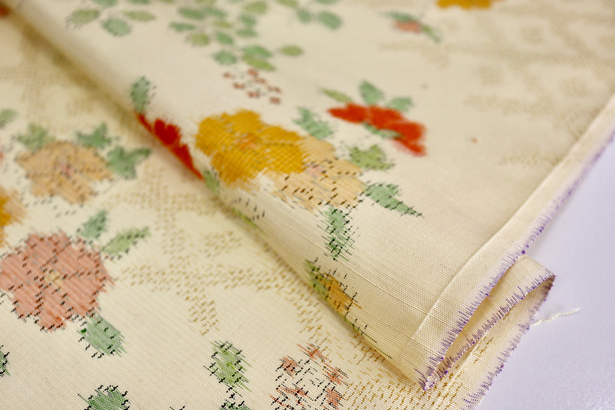 Vintage Japanese Tsumugi Silk Kimono Fabric Panel  - Cream Yellow Orange Flower Pattern